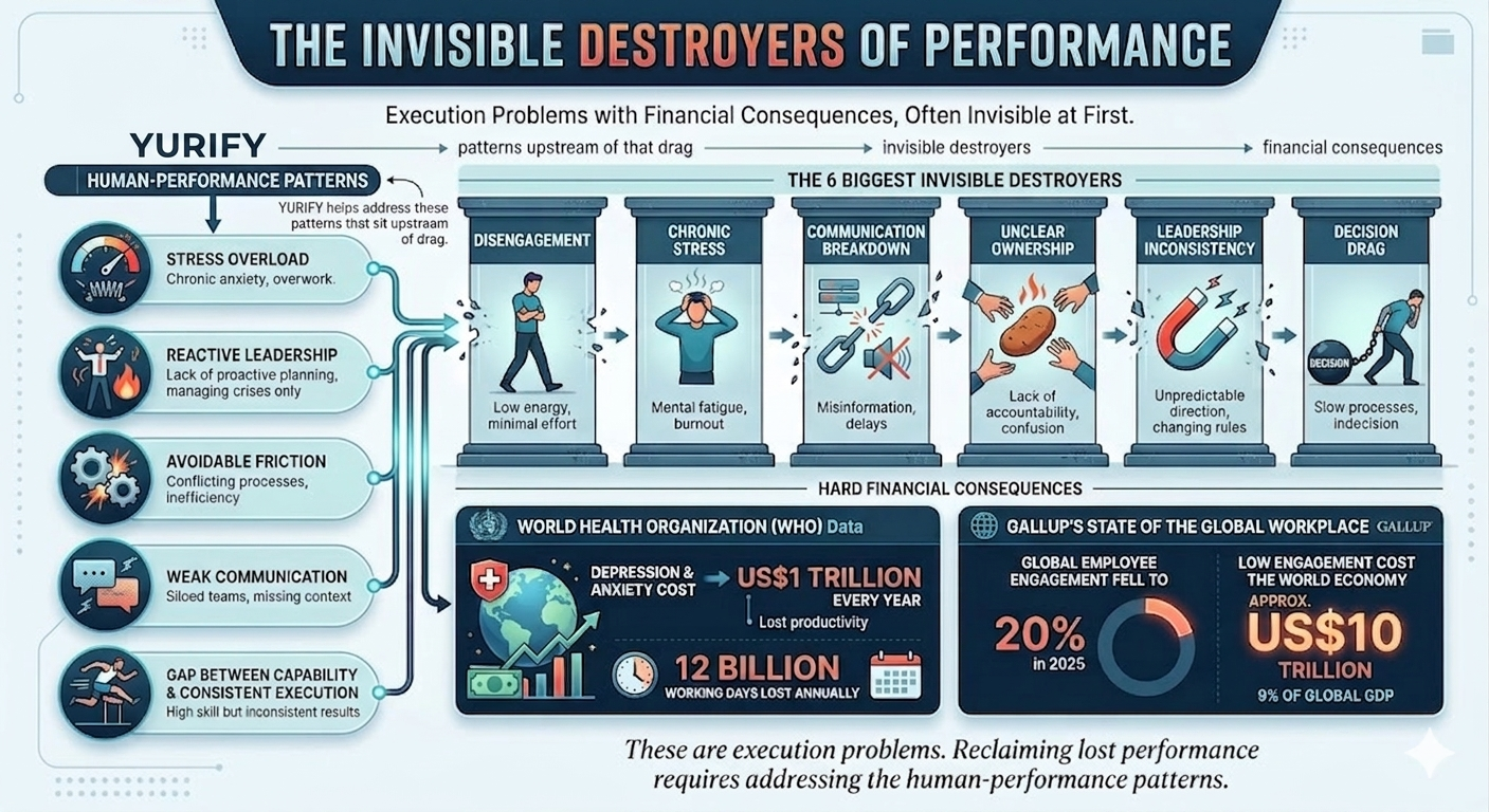 The invisible destroyers of performance: execution problems with financial consequences, including disengagement, chronic stress, communication breakdown, unclear ownership, leadership inconsistency, and decision drag