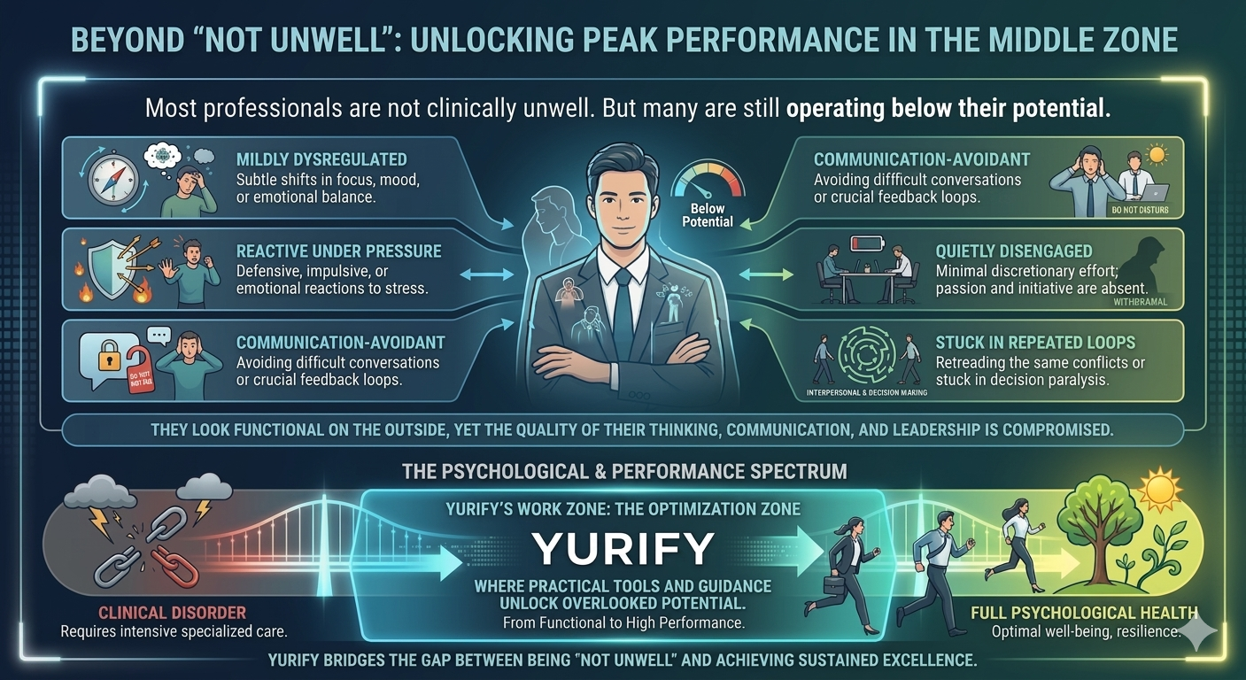 The pre-clinical performance gap: most professionals are not clinically unwell but operate below their potential — mildly dysregulated, reactive, communication-avoidant, quietly disengaged, or stuck in repeated loops. Yurify works in the optimization zone between clinical disorder and full psychological health.