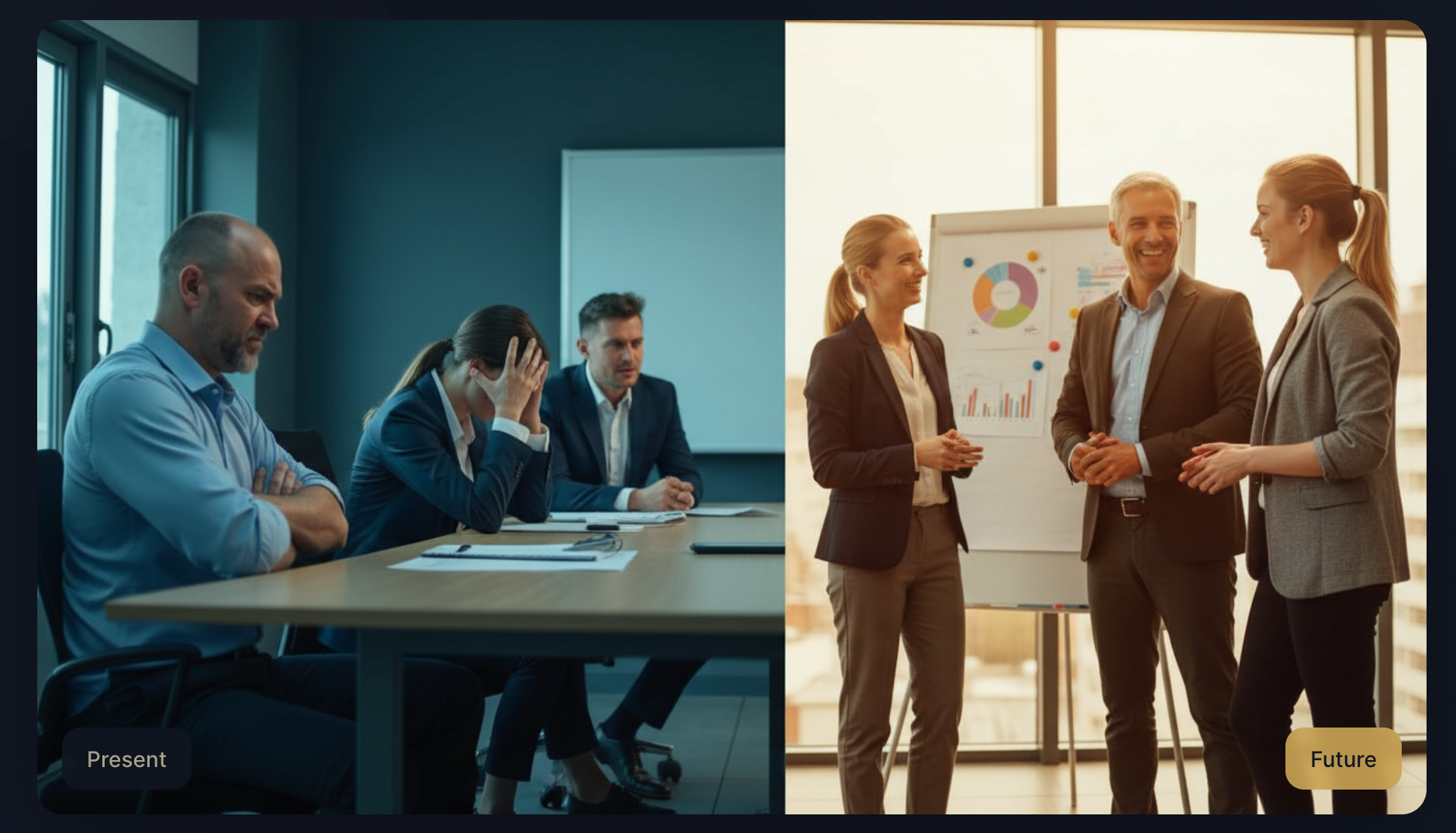 Present vs future: from disengaged, stressed teams to aligned, high-performing leadership